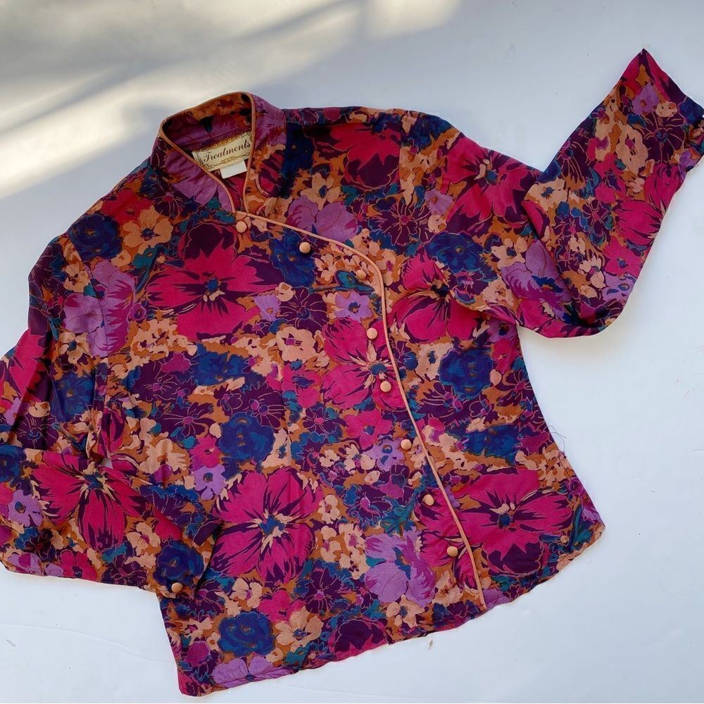 Vintage Mandarin Style Floral Print Blouse Pink Size Small